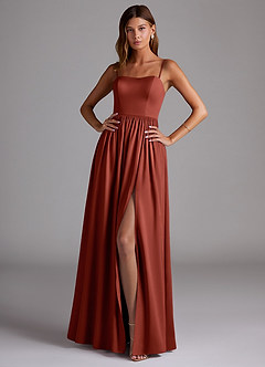 Azazie Calianna Jurken voor bruidsmeisjes Converteerbaar Jurk van Stretch Satijn met A-Lijn Off the Shoulder Terracotta image1