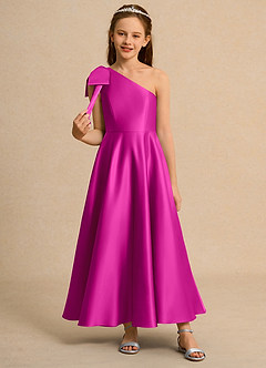 Azazie Guppy Girls Formal Flower Girl Dresses Fuchsia A-Line One Shoulder Matte Satin Dress image3
