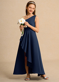 Azazie Taffy Junior Formal vestidos de niña de las flores Vestido de Azul Marino Oscuro de Satin Mate de Corte En A con Encaje image4