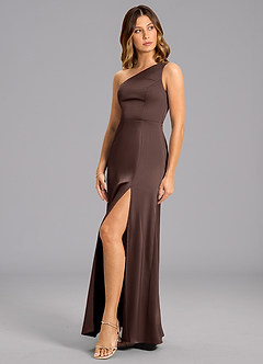 Azazie Feby Bridesmaid Dresses Ganache A-Line One Shoulder Stretch Satin Dress image3