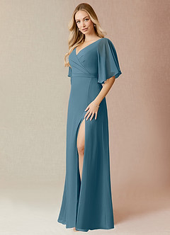 Azazie Cierra Brautjungfernkleider A-Linie V-Hals Chiffon Kleid Bermudablau image3
