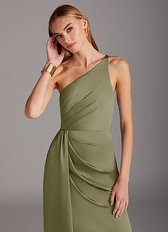 Azazie Mika Robes de demoiselle d'honneur Robe Fourreau en Satin extensible Ue épaule Pistache image6