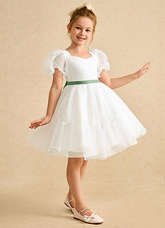 Azazie Debbie Flower Girl Dresses Ivory Matcha Ball-Gown Sweetheart Neckline Organza Dress image4