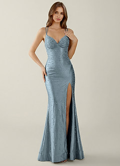 Sylvan Dusty Blue V-neck Hot Rhinestones Corset Prom Dress image4