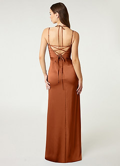 Azazie Desi Bridesmaid Dresses Copper Sheath Halter Corset Stretch Satin Dress image2