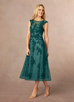 Azazie Flynn Mère de la mariée Robes Robe Trapèze en Tulle Col bateau dentelle Paon image2