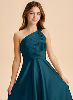 Azazie Charlize Junior Abito A-Line in Raso Elasticizzato Plissettato Blu Inchiostro image6