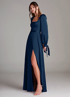Azazie Leonia Bridesmaid Dresses Dark Navy A-Line Long Sleeve Stretch Satin Dress image5