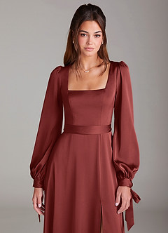 Azazie Leonia Bridesmaid Dresses Terracotta A-Line Long Sleeve Stretch Satin Dress image6