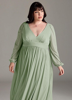 Azazie Norah Brautjungfernkleider A-Linie Lange Ärmel mit V-Ausschnitt Chiffon Kleid Staubiger Salbeigrün image12