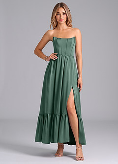 Azazie Leilana Bridesmaid Dresses Eucalyptus A-Line Corset Stretch Satin Dress image4