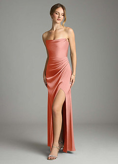 Azazie Leonis Bridesmaid Dresses Coral Mermaid Pleated Stretch Satin Convertible Dress image1