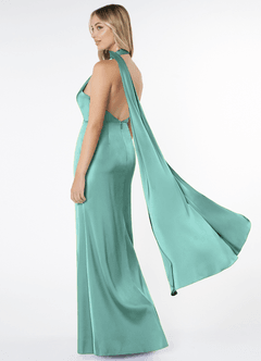 Azazie Kaylani Vestidos de damas de honor Vestido de Aqua de Satén Elástico de Corte Sirena con Cuello Alto image4