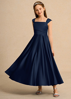Azazie Bundle Girls Formal Flower Girl Dresses Dark Navy A-Line Pleated Matte Satin Dress image6
