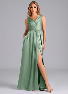Azazie Karina Bridesmaid Dresses Agave A-Line Pleated Stretch Satin Dress image1