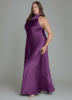 Azazie Velli Bridesmaid Dresses Plum Sheath High Neck Metallic Satin Dress image13