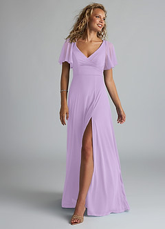 Azazie Induh Robes de demoiselle d'honneur Robe Trapèze en Maille Col en V à volants Lilas image1