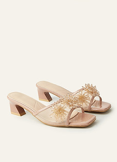 front Blush Patent & Mesh Crystal Bead Block Heel Mules