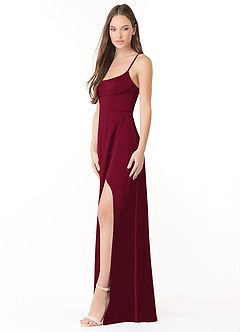 Azazie Halsey Bridesmaid Dresses Burgundy Sheath Side Slit Stretch Satin Dress image4