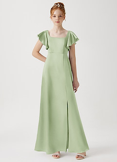 Azazie Bondi Junior Vestido de Salvia Polvorienta de Satén Metálico de Corte En A con Corte Lateral image1