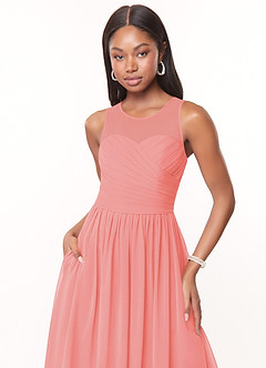 Azazie Nina Bridesmaid Dresses Coral A-Line Pleated Chiffon Dress image5