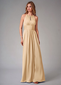 Azazie Bonnie Bridesmaid Dresses Gold A-Line Pleated Stretch Satin Dress image6
