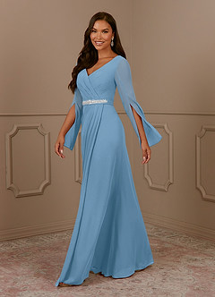 Azazie Belinda vestidos de madre de la novia Vestido de Azul Acero de Gasa de Corte En A con Cuello en V Plisado image3