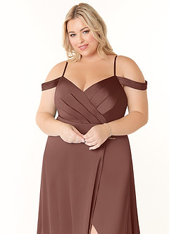 Azazie Ocean Robes de demoiselle d'honneur Robe Trapèze en Satin extensible Col V plissé Expresso image10