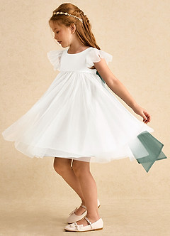 Azazie Munchkin Robe Demoiselle D'honneur Fillette Robe Trapèze en Tulle Arc Ivoire Eucalyptus image5