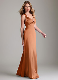 Azazie Cemion 신부 들러리 드레스 A라인 스트레치 새틴 바닥 길이 드레스 image4