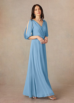 Azazie Bronwyn Mother of the Bride Dresses Steel Blue A-Line V-Neck Ruched Chiffon Dress image1