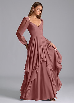 Azazie Karan Abiti da Damigella Abito A-Line in Chiffon Manica Lunga Rosa Del Deserto image4