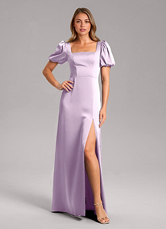 Azazie Fyona Bridesmaid Dresses Frosted Lilac A-Line Pleated Stretch Satin Dress image1