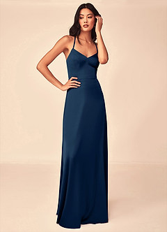Azazie Mei Brautjungfernkleider A-Linie V-Hals Stretch-Satin Kleid Dunkelmarine image5