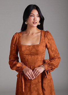 Azazie Leonia Bridesmaid Dresses Burnt Orange A-Line Long Sleeve Floral Burnout Dress image6