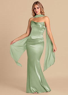 Azazie Sorrel Robes de demoiselle d'honneur Robe Sirène Convertible en Satiné métallisé Corset Vert Sauge image1