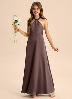 Azazie Beah Junior Ganache A-Line Pleated Stretch Satin Dress image3