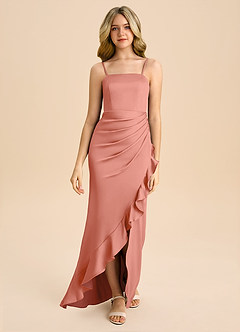 Azazie Buzzy Junior Salmon Pink Sheath Pleated Stretch Satin Dress image4