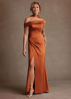 Azazie Kamala vestidos de madre de la novia Vestido de Canela de Satén Elástico de Corte Recto con Hombro unilateral image1