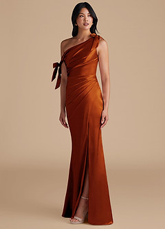Azazie Xyla Bridesmaid Dresses Auburn Sheath Off the Shoulder Metallic Satin Convertible Dress image6