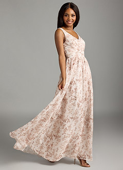 Azazie Keyla Vestidos de damas de honor Vestido de Floral Helecho Rosa de Gasa de Corte en A con Cuello en V Plisado image5