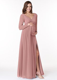 Azazie Teton Maternity Bridesmaid Dresses A-Line Long Sleeve Chiffon Floor-Length Dress image4