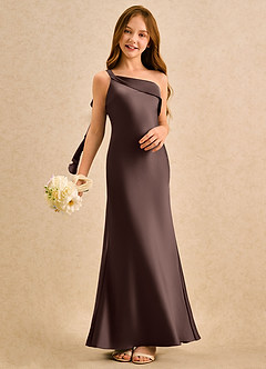 Azazie Almond Girls Formal Sukienki dla dziewczynek sypiących kwiaty Osłona Jedno ramię Satyna elastyczna Długość podłogi Sukienka image2