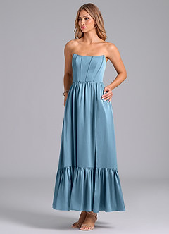 Azazie Leilana Bridesmaid Dresses Steel Blue A-Line Corset Stretch Satin Dress image5