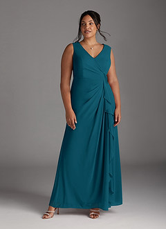 Azazie Manuella Vestidos para mãe da noiva Vestir Tinta Azul de Chiffon de Linha A com Decote em V Plissado image13