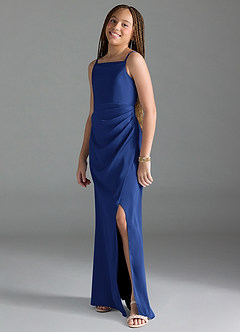 Azazie Leonis Junior Royal Blue A-Line Pleated Stretch Satin Dress image4