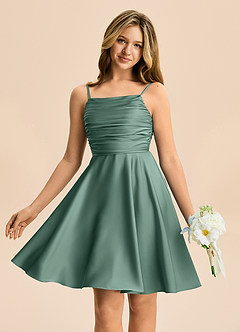 Azazie Miko Junior Eucalyptus A-Line Pleated Stretch Satin Dress image1