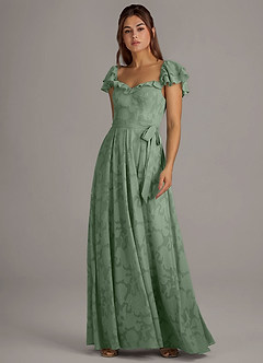 Azazie Aricella Robes de demoiselle d'honneur Robe Trapèze en Blumen-Burnout Corset Matcha image3