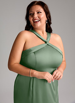 Azazie Rue Bridesmaid Dresses Matcha A-Line Pleated Stretch Satin Dress image13