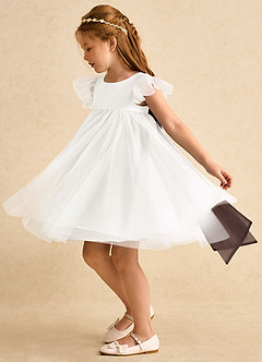 Azazie Munchkin Flower Girl Dresses Ivory Ganache A-Line Bow Tulle Dress image5
